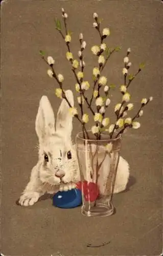 Ak Ostern, Weißer Hase, Weidenkätzchen, Ostereier