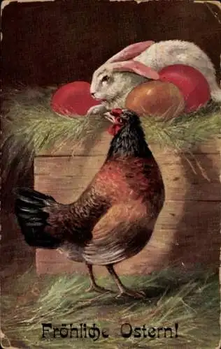 Ak Glückwunsch Ostern, Osterhase, Ostereier, Henne