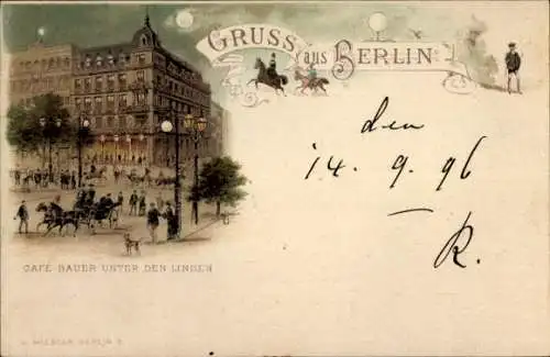 Mondschein Litho Berlin Mitte, Unter den Linden bei Nacht, Café Bauer