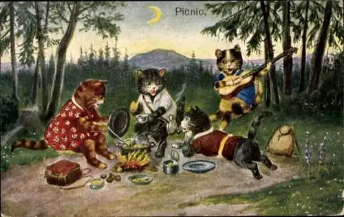 Ak Katzen machen Picknick, Lagerfeuer. Kochtopf