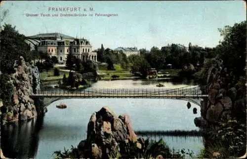 Ak Frankfurt am Main, großer Teich, Drahtseilbrücke, Palmengarten