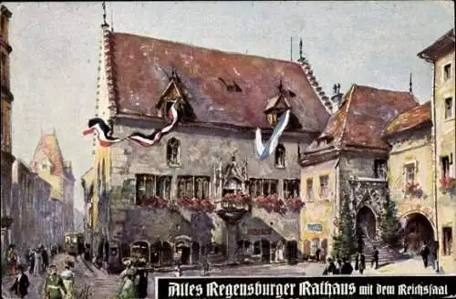 Künstler Ak Regensburg an der Donau Oberpfalz, Altes Rathaus mit Reichssaal, Fahnen