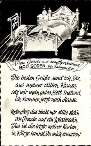 Ak Bad Soden Salmünster in Hessen, Herzheilbad, Kurhaus, Person im Bett, Stuhl, Wecker, Gedicht