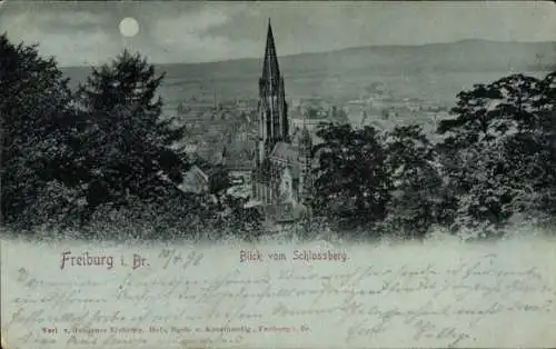 Mondschein Ak Freiburg im Breisgau, Blick vom Schlossberg