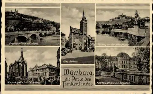 Ak Würzburg am Main Unterfranken, Ludwigsbrücke, Käppele, altes Rathaus, Marienkapelle, Falkenhaus