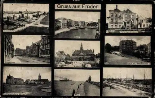 Ak Emden in Ostfriesland, Delft, Außenhafen, Rathaus, Mole, Kirche, Töchterschule