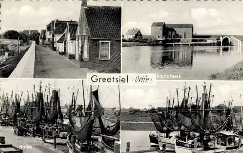 Ak Greetsiel Krummhörn in Ostfriesland, Schöpfwerk, Hafen, Siedlung