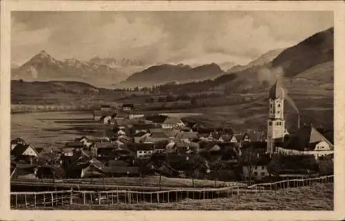 Ak Nesselwang im Allgäu, Totalansicht, Kirche, Säuling, Zugspitze