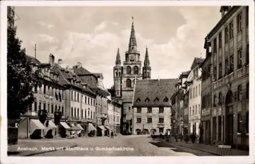 Ak Ansbach in Mittelfranken Bayern, Markt mit Stadthaus und Gumbertuskirche