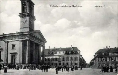 Ak Ansbach in Mittelfranken Bayern, Karlsplatz, St. Ludwigskirche