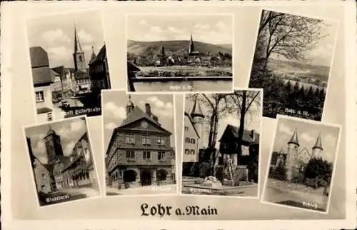 Passepartout Ak Lohr im Spessart Unterfranken, Dorfpartie, Schloss, Rathaus, Ehrenmal, Stadtturm