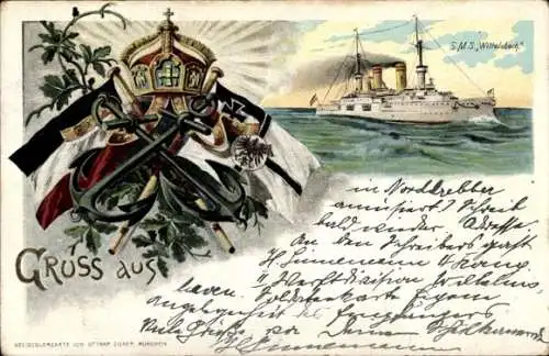 Künstler Ak Deutsches Kriegsschiff, SMS Wittelsbach, Linienschiff, Fahnen, Kaiserliche Marine