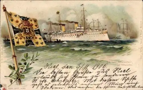 Künstler Litho Stöwer, Willy, Kaiserliche Yacht SMY Hohenzollern hält Flottenschau, Flagge