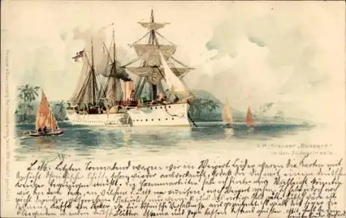 Künstler Litho Bohrdt, Hans, Deutsches Kriegsschiff, SMS Bussard, Kreuzer, Südseeinseln