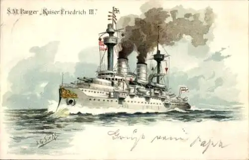 Künstler Litho Siehl, Deutsches Kriegsschiff, SMS Kaiser Friedrich III, Panzerschiff