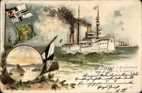 Künstler Ak Deutsches Kriegsschiff, SMS Deutschland, SMS Gefion, Hafen von Kiautschou