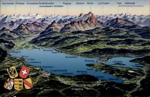 Landkarten Ak Bodenseepanorama, Bregenz, Konstanz, Lindau, Bregenz, Wappen