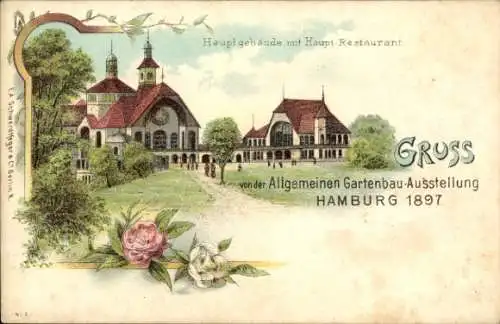 Litho Hamburg, Allg. Gartenbau Ausstellung 1897, Hauptgebäude, Restaurant