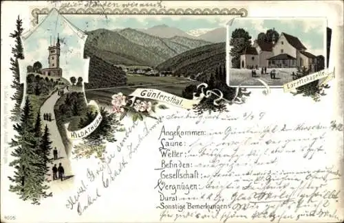 Litho Günterstal Freiburg im Breisgau, Panorama, Hildaturm, Loretto-Kapelle