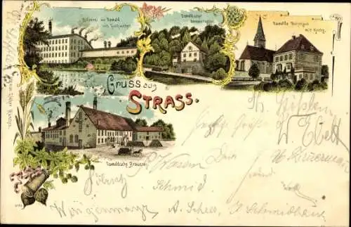 Litho Straße Burgheim Oberbayern, Brauerei Oswald, Malzerei, Fischweiher, Oswalds Wohnhaus