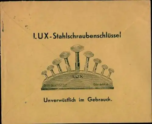 Briefumschlag Emil Lux Remscheid, Werkzeugfabrik, Lux Stahlschraubenschlüssel