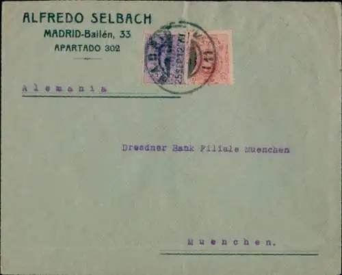 Briefumschlag Reklame Zahnrad-Fabrik Alfredo Selbach, Siemens Martin Stahl, Madrid, Bailén 33,