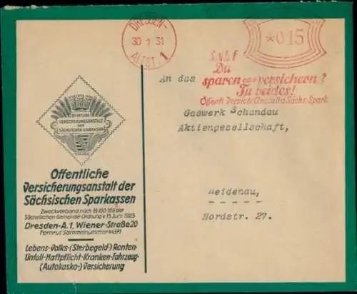 Briefumschlag Sollst du sparen oder versichern? Öffentl. Versicherungsanstalt der Sächs. Sparkassen