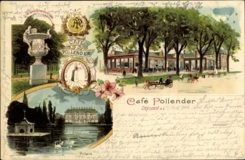 Litho Dresden, Großer Garten, Café Pollender, Wappen, Park, Palais