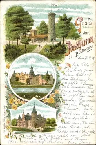 Litho Bückeburg im Kreis Schaumburg, Idaturm, Residenzschloss, Neues Palais