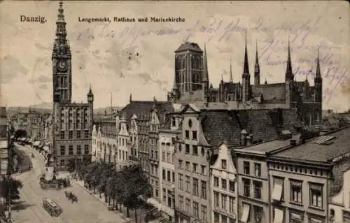 Ak Gdańsk Danzig, Langemarkt, Rathaus, Marienkirche