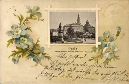 Ak Greiz im Vogtland, Kaiser-Wilhelm-Denkmal, Unteres Schloss, Blumen