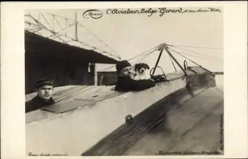 Foto Ak Belgischer Flieger Gerard im Flugzeug, mit seinem Hund Miss