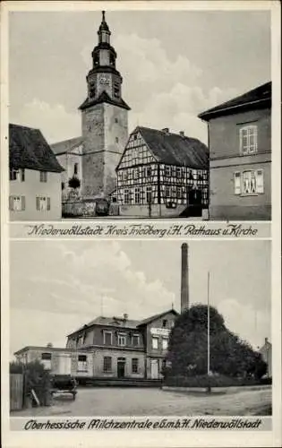 Ak Nieder Wöllstadt Kr. Friedberg, Rathaus, Kirche, Milchzentrale