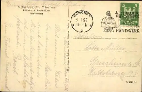 Ak München, Mathäser-Bräu, Veteranensaal, Münchner Kindl