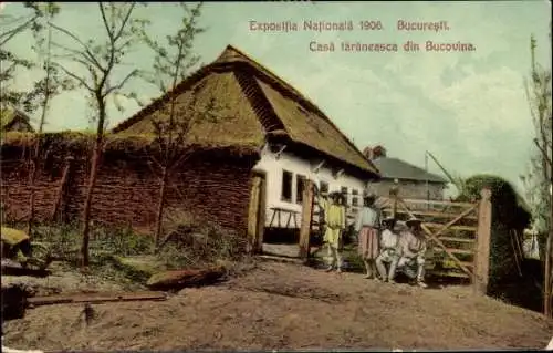 Ak București Bukarest Rumänien, Ausstellung 1906, Wohnhaus, Bauern