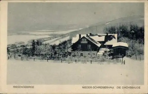 Ak Szklarska Poręba Schreiberhau Riesengebirge Schlesien, Nieder-Schreiberhau, Dachsbaude, Winter