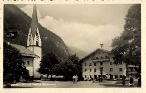 Ak Mayrhofen im Zillertal Tirol, Gasthof Kramerwirt, Kirche