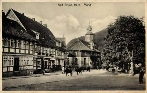 Ak Bad Grund im Harz, Markt, Kirche, Fachwerkhäuser