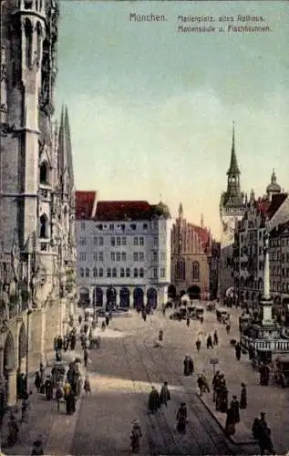 Ak München, Marienplatz, Altes Rathaus, Mariensäule, Fischbrunnen