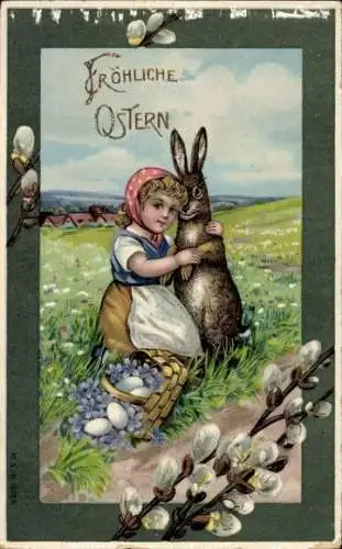 Ak Glückwunsch Ostern, Mädchen, Osterhase, Weidenkätzchen