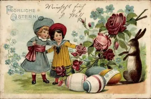 Präge Litho Glückwunsch Ostern, Osterhase, Ostereier, Kinder, Rosen, Vergissmeinnicht