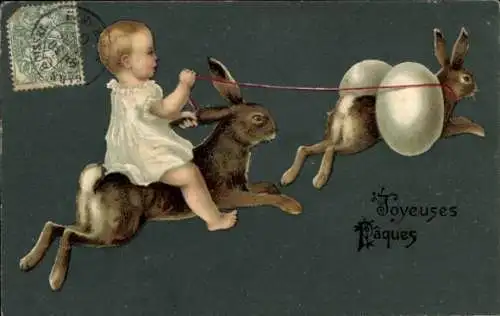 Litho Glückwunsch Ostern, Kind reitet auf einem Hasen, Ostereier