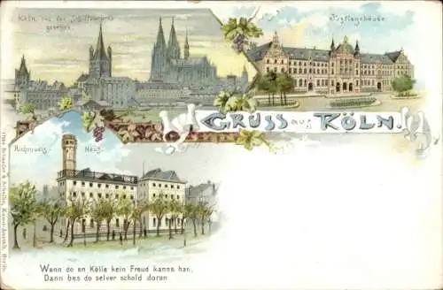 Litho Köln am Rhein, Schiffsbrücke, Stadt, Justizgebäude, Richmodishaus