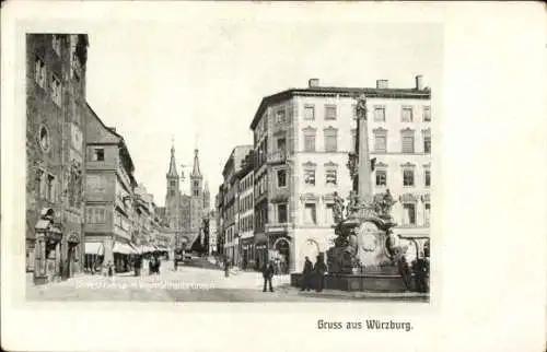 Ak Würzburg am Main Unterfranken, Domstraße, Vierröhrenbrunnen