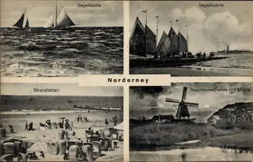 Ak Nordseebad Norderney Ostfriesland, Segelboote, Buhne, Strand, Napoleonschanze, Mühle