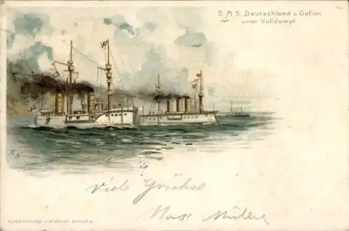 Künstler Litho A. H., Deutsches Kriegsschiff, SMS Deutschland, SMS Gefion, Volldampf