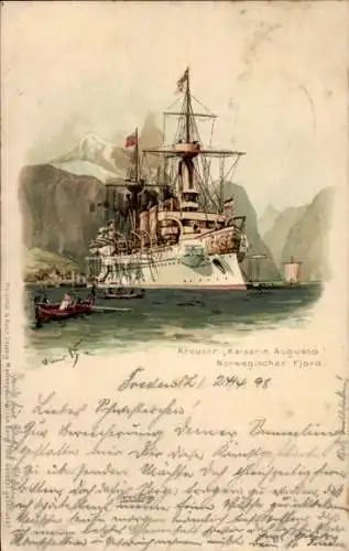 Künstler Litho Bohrdt, Hans, Deutsches Kriegsschiff, Kreuzer Kaiserin Augusta, Norwegischer Fjord