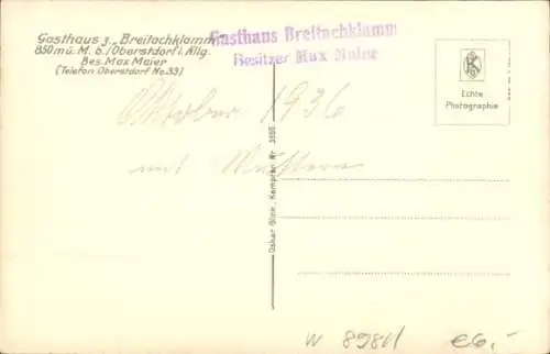 Ak Tiefenbach Oberstdorf im Oberallgäu, Breitachklamm, Gasthaus