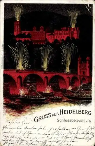 Litho Heidelberg am Neckar, Schlossbeleuchtung, Feuerwerk, Boote