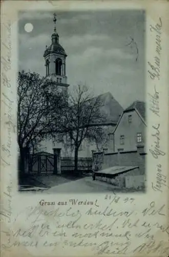 Mondschein Ak Werdau in Sachsen, Kirche